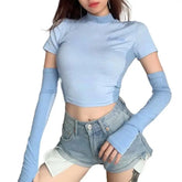Turtle-neck Crop-Top With Long-sleeve Gloves